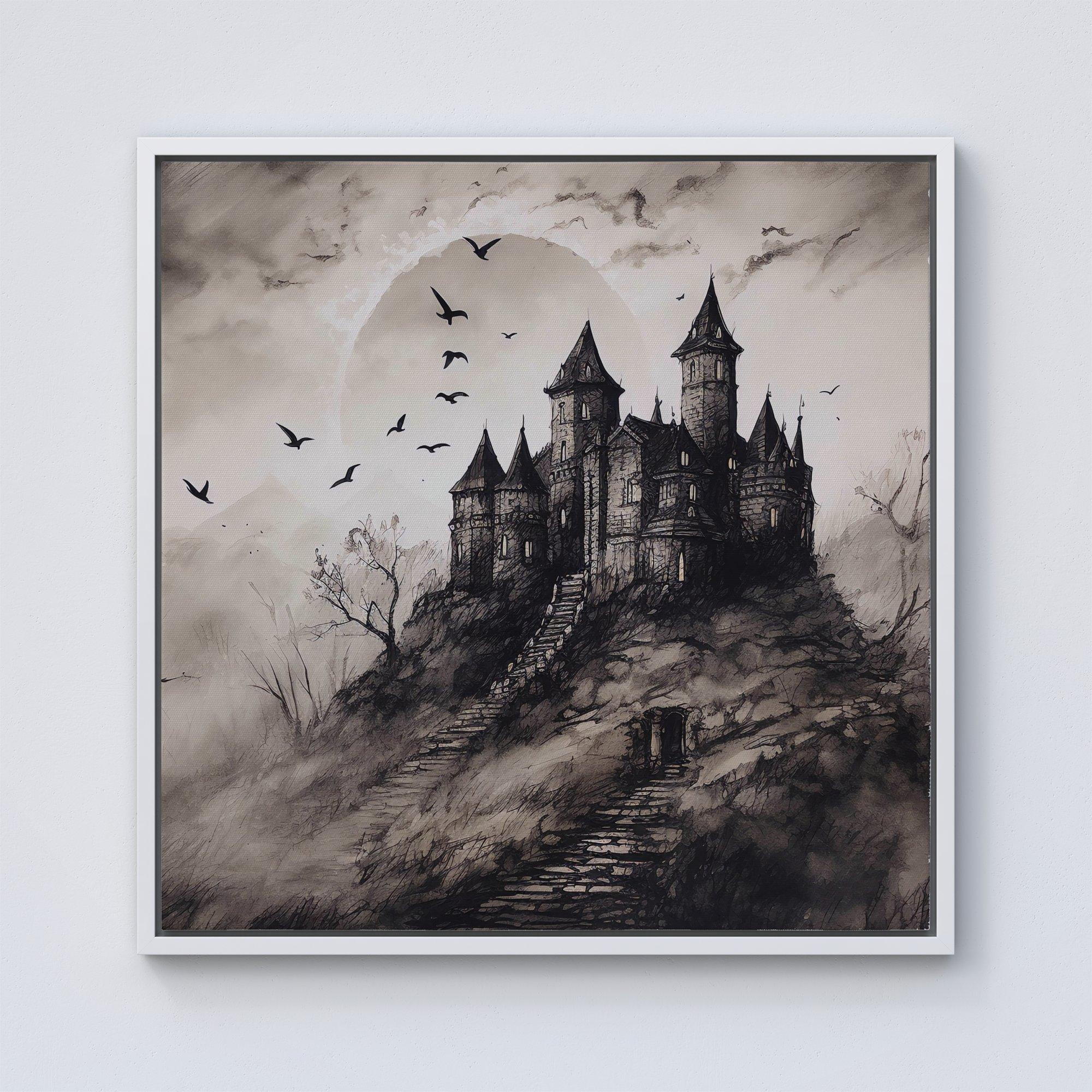A Realistic Ink Drawing Of A Haunted Castle Framed Canvas